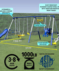 Heavy Duty Outdoor Metal Swing Set With A 5 Foot Slide Teeter Totter For Two Two Person Swing Standing Swing Roman Glider Swing Trapeze Bar And Glide Ride Backyard Playground For Up To Ten Kids Kid Approved Backyard Fun