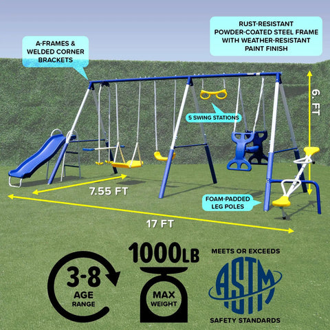 Heavy Duty Outdoor Metal Swing Set With A 5 Foot Slide Teeter Totter For Two Two Person Swing Standing Swing Roman Glider Swing Trapeze Bar And Glide Ride Backyard Playground For Up To Ten Kids Kid Approved Backyard Fun