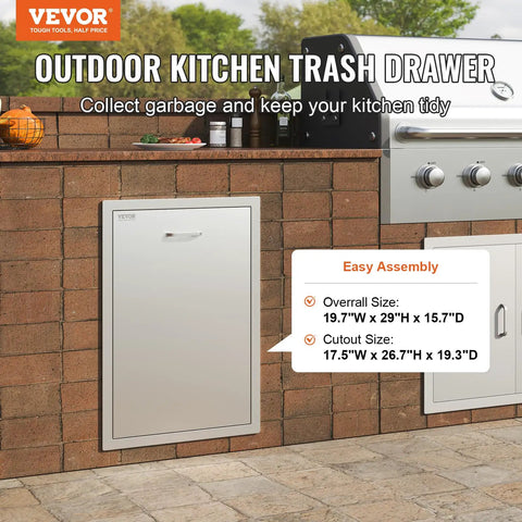 Outdoor Kitchen Trash Drawer System With Heavy Duty Stainless Steel Storage For Backyard BBQ Islands And Grills Pull Out Trash Bin Cabinet 19.7W X 29H X 15.7D Inches installed in brick BBQ island.