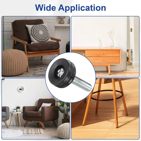 Sturdy Adjustable Furniture Levelers And Threaded Legs With Screw On Chair Glides 4 Piece Black Kit Featuring 5 16 Inch 18 Threads in use in modern living room.