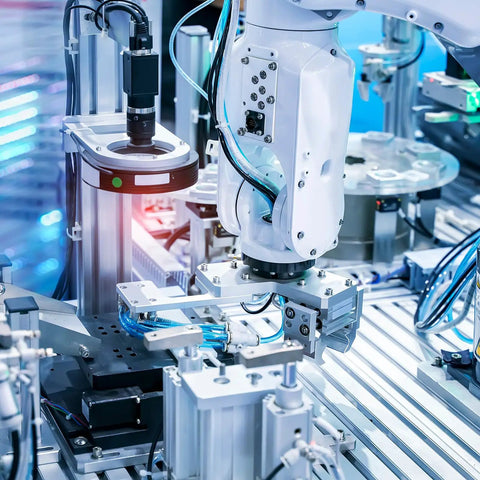 Industrial machine with robotic arm handling components, part of a pneumatic system for quick install and maintenance.