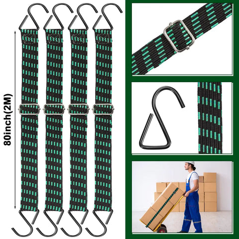 8 Pack 80 Inch Adjustable Flat Bungee Cords With Hooks And Buckles, Heavy Duty Elastic Straps shown with various features.