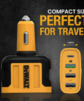 Rugged Four Port Usb C Car Charger Delivers Dead Serious 60W Fast Charging For Android Smartphones With A Gutsy Cigarette Lighter Adapter That Makes Highway Drives A Breeze, compact design, yellow casing.