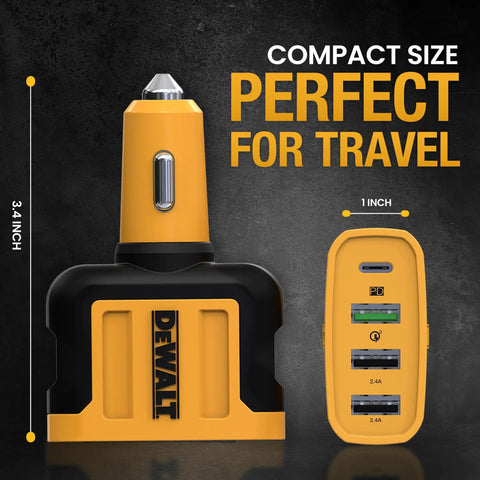 Rugged Four Port Usb C Car Charger Delivers Dead Serious 60W Fast Charging For Android Smartphones With A Gutsy Cigarette Lighter Adapter That Makes Highway Drives A Breeze, compact design, yellow casing.