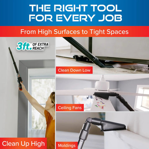 Cordless Handheld Vacuum With 3-Foot Telescoping Wand 2-In-1 Blower cleaning ceiling fans, moldings, and floors.