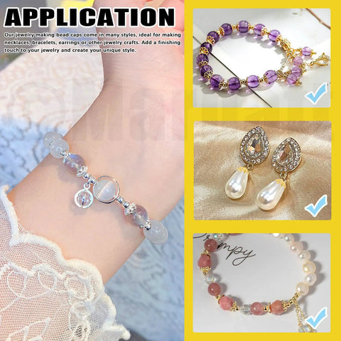Application of Massive 2100 Piece Bead Caps Kit With 12 Styles In Gold Silver Bronze Hollow Flower End Caps For Jewelry Making