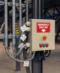 Badass Emergency Shut Off Sign Sticker With Knockout Down Arrow Hella Waterproof Self Adhesive Heavy Duty Safety Marker For Power Tools And Factory Equipment on emergency control box.