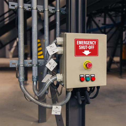 Badass Emergency Shut Off Sign Sticker With Knockout Down Arrow Hella Waterproof Self Adhesive Heavy Duty Safety Marker For Power Tools And Factory Equipment on emergency control box.