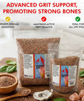 Pigeon Grit For Strong Muscles And Bones, Nutritious Bird Food in 1.5 lbs and 9 lbs bags on kitchen counter with ingredients.