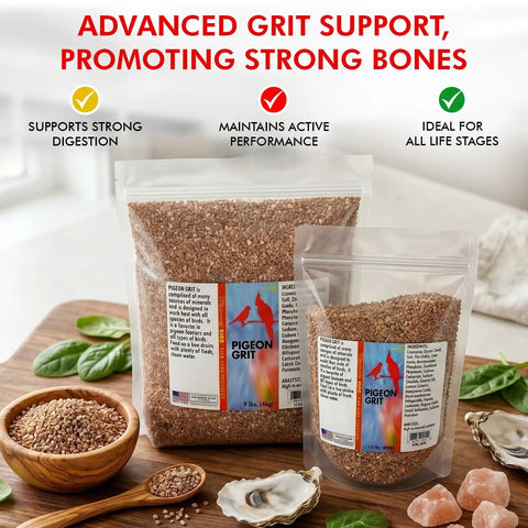 Pigeon Grit For Strong Muscles And Bones, Nutritious Bird Food in 1.5 lbs and 9 lbs bags on kitchen counter with ingredients.