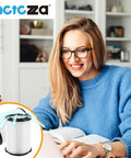 Woman in blue sweater smiling at desk, inset of Go-To Universal Replacement Vacuum Filter Kit For Wet Dry Vacs 5-20 Gallon And 6-9 Gallon Models Includes 2 Filters 4 Foam Sleeves And 1 Cleaning Brush For Heavy Duty Suction And Easy Cleanup.