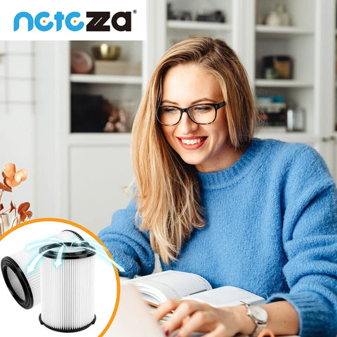 Woman in blue sweater smiling at desk, inset of Go-To Universal Replacement Vacuum Filter Kit For Wet Dry Vacs 5-20 Gallon And 6-9 Gallon Models Includes 2 Filters 4 Foam Sleeves And 1 Cleaning Brush For Heavy Duty Suction And Easy Cleanup.
