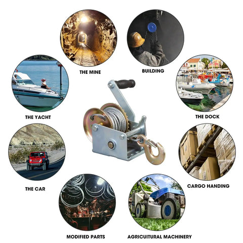 Beefy Manual Hand Crank Winch, 600 Lb Capacity, 26.3 Ft Steel Cable, Rugged Portable Tool for Trailers and Off Road Work, Carbon Steel With Zinc Plated Finish on trailer for boat, dock, cargo, car, mine and farm use
