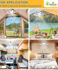 Portable 11 Inch Battery Operated Ceiling Fan With Lights For Camping And RV Life shown in various outdoor settings.
