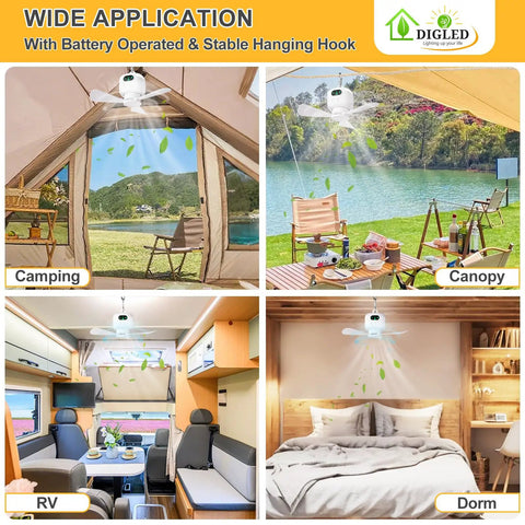 Portable 11 Inch Battery Operated Ceiling Fan With Lights For Camping And RV Life shown in various outdoor settings.