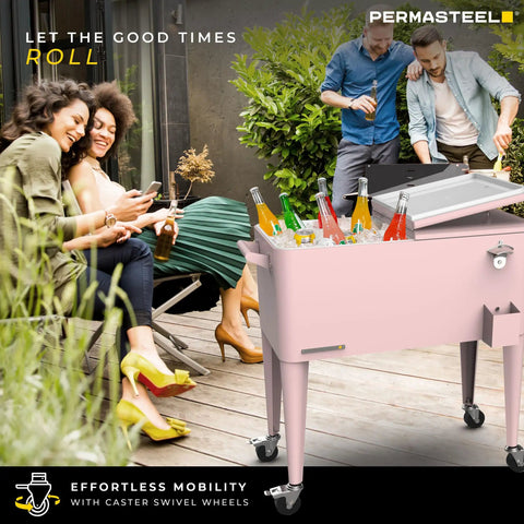 80 Quart Classic Retro Outdoor Patio Cooler On Wheels With Handles Pink Perfect For Parties Keeps Drinks Cold All Summer Long Bar Cart Style Beverage Cooler For Outdoor Gatherings