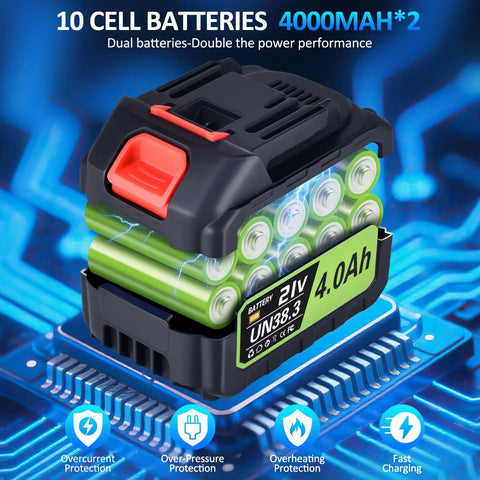 Close-up of a dual 4.0Ah battery pack for Cordless Leaf Blower With Dual 4.0Ah Batteries And Charger Lightweight Handheld 21V Electric Blower