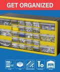 26 Drawer Plastic Storage Cabinet For Garage Organization And Craft Sorting Bead And Brick Storage Makeup Organizer Teacher Toolbox Heavy Duty Drawer Organizer 20 Inch Wide 6 Inch Deep 10 Inch High Black with crafts and tools displayed