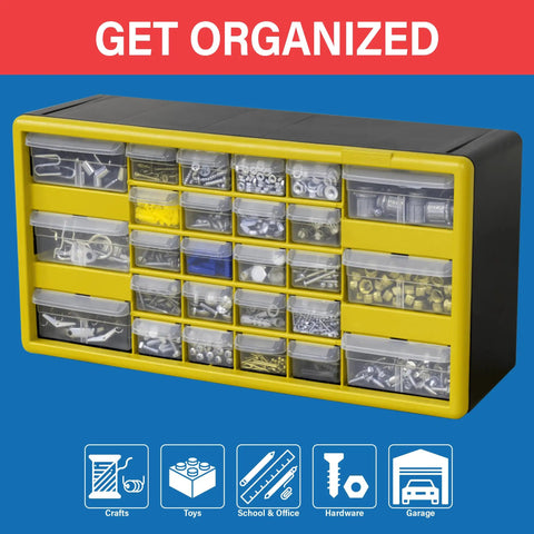 26 Drawer Plastic Storage Cabinet For Garage Organization And Craft Sorting Bead And Brick Storage Makeup Organizer Teacher Toolbox Heavy Duty Drawer Organizer 20 Inch Wide 6 Inch Deep 10 Inch High Black with crafts and tools displayed