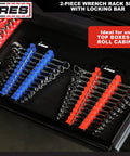 Gotta Keep Your Shop Super Tidy With This Heavy Duty 2 Piece Wrench Holder Rack Set Featuring Slam Lock Grips For SAE And Metric Tools Wall Mount Garage Organizers in a roll cabinet.