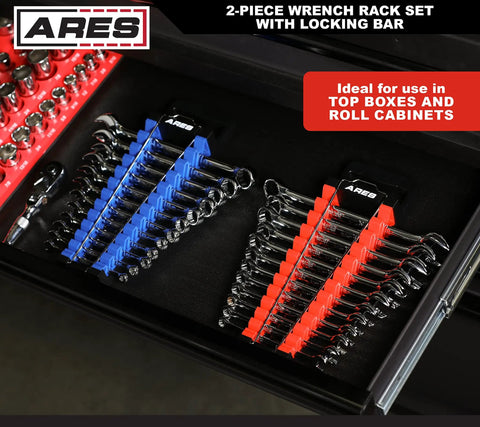 Gotta Keep Your Shop Super Tidy With This Heavy Duty 2 Piece Wrench Holder Rack Set Featuring Slam Lock Grips For SAE And Metric Tools Wall Mount Garage Organizers in a roll cabinet.