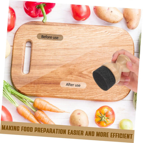 Straight Up Premium Wax Applicator For Cutting Boards Durable Bristle Brush For Mineral Oil Wood Polish Compact Kitchen Tool in use on wooden cutting board.