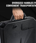Close-up of oversized handle on 10 Quart ABS Oil Drain Pan With Spout Low Profile Catch Basin for Harley models