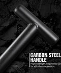 Close-up of the carbon steel handle of the 46 Inch Metal Detecting Shovel With Double Serrated Blade For Relic Hunting Gold Prospecting Landscaping And Garden Work Built With Manganese Steel Head And Carbon Handle For Rugged Outdoor Use In Rock Sand And Wet Ground.