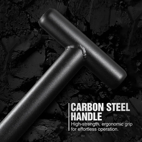 Close-up of the carbon steel handle of the 46 Inch Metal Detecting Shovel With Double Serrated Blade For Relic Hunting Gold Prospecting Landscaping And Garden Work Built With Manganese Steel Head And Carbon Handle For Rugged Outdoor Use In Rock Sand And Wet Ground.