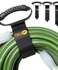 Assorted Three Pack Heavy Duty Easy Carry Straps With Built In Handle For Garden Hose Extension Cords Cables And Gear Organization In The Garage Boat And RV Great For Garden Tools Cords Hoses Power Cables And All Your Garage Boat And RV Organization Needs shown holding green hose.