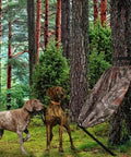 Camo Tree Hammock Chair Portable Hunting Stool For Outdoors Lightweight Camping Seat attached to tree in forest scene with dogs