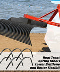 Six Pack Heavy Duty Rock Rake Tines Replacement For Landscape Rakes on beach, close-up of steel clam rake tines and mounting area