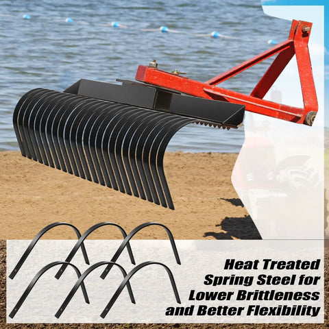 Six Pack Heavy Duty Rock Rake Tines Replacement For Landscape Rakes on beach, close-up of steel clam rake tines and mounting area