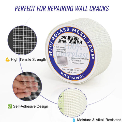 2 Inch By 100 Foot Fiberglass Drywall Repair Tape Self Adhesive Joint Tape For Wall Patches And Cracks Seams Heavy Duty Mesh
