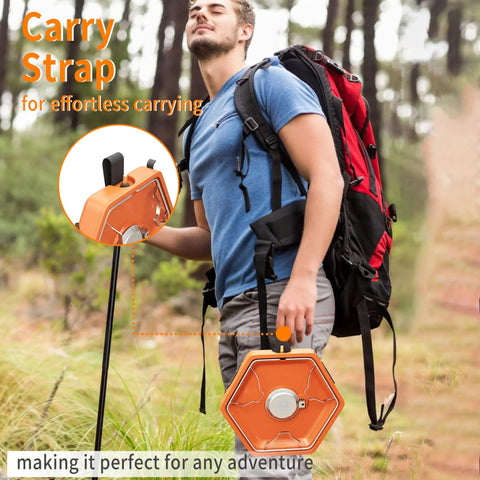 Hiker carrying Portable One Burner Propane Camp Stove With Carry Strap for Backpacking Outdoor Cooking Flick Ignition 8600 BTU