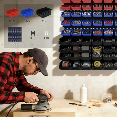 90 Piece Wall Mounted Plastic Storage Bins Organizer for screws nuts bolts beads in garage, featuring red blue black bins