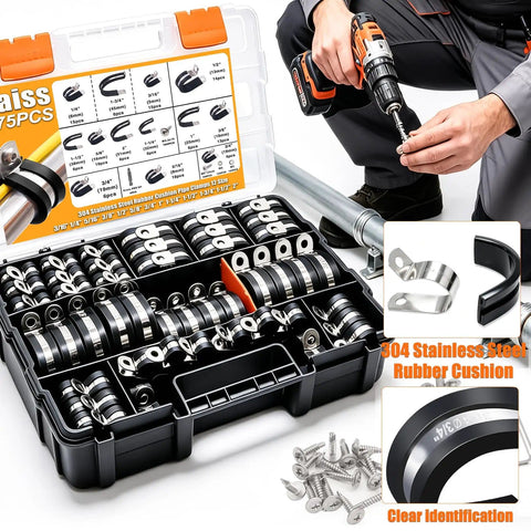 575 Piece Stainless Steel Cable Clamps Kit With Rubber Cushions And Screws Washers And Bit 12 Sizes P Clamp Set Contents Open