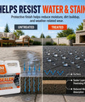 One Gallon Premium Wet Look Stone And Concrete Sealer in 32 fl oz shows untreated vs treated surfaces with water resistance.