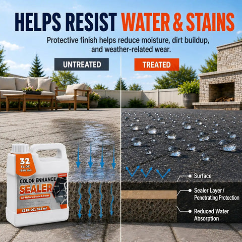 One Gallon Premium Wet Look Stone And Concrete Sealer in 32 fl oz shows untreated vs treated surfaces with water resistance.