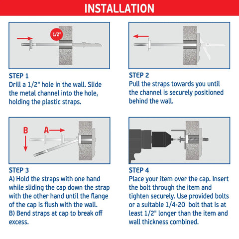 Installation steps for Heavy Duty Toggle Bolt Strap Anchors Kit with 20 zinc plated straps and 20 steel threaded studs instructions.