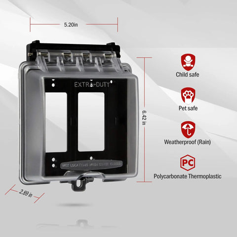 Two Gang Weatherproof Outdoor Outlet Cover For Decorator And GFCI Receptacles Extra Duty In Use Enclosure, dimensions shown.