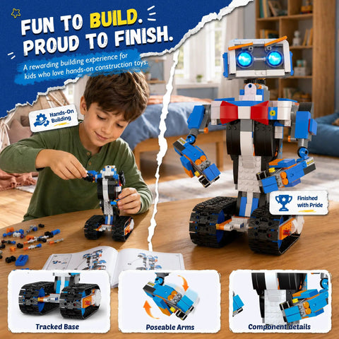 Child assembling Awesome Remote Control Robot Building Kit For Kids Ages 6 To 12 With App Control And Coding Lessons STEM Toy.