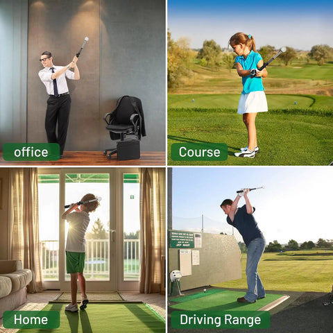 Retractable Golf Swing Trainer With Instant Click Feedback, Grip Training And Swing Mechanics used in various settings.