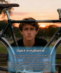 Person sitting behind a road bike with text about quick installation of all weather road bike caliper brake pads.