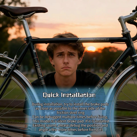 Person sitting behind a road bike with text about quick installation of all weather road bike caliper brake pads.