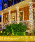 2 Pack 480 LED Solar String Lights For Outside 170 Ft Outdoor Christmas Lights With 8 Modes And Memory Function Waterproof Twinkle String Lights For Xmas Tree And Party Decor Warm White illuminating porch columns at night with IP65 waterproof feature displayed.