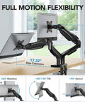 FlowLift Dual Monitor Stand For 13 To 32 Inch Screens, fully adjustable mount with VESA, C clamp, full motion arms shown in use