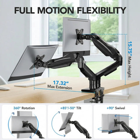 FlowLift Dual Monitor Stand For 13 To 32 Inch Screens, fully adjustable mount with VESA, C clamp, full motion arms shown in use