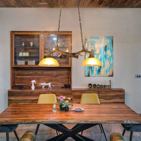 Rustic Retro Two Light Chandelier With Hand Dyed Resin Antlers On Frosted Glass Bowl For Kitchen Dining Room Farmhouse Restaurant