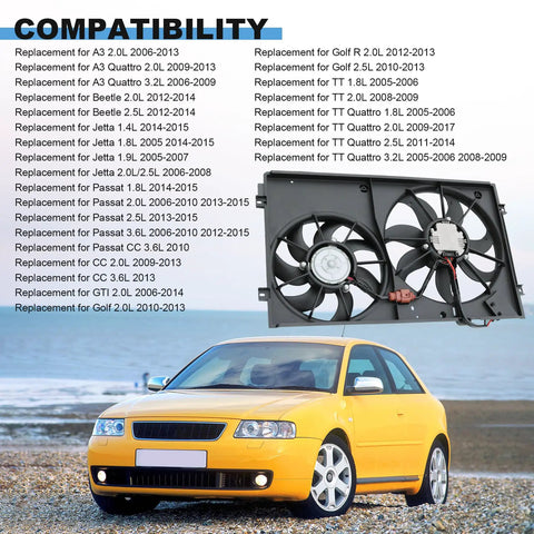 No Sweat Dual Electric Radiator Cooling Fan Assembly Direct Swap Fit For Vw Golf Beetle Jetta Rabbit compatible replacements shown.